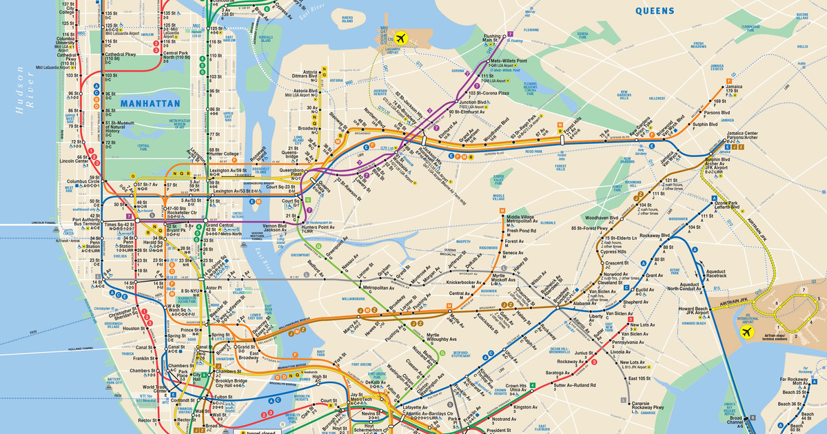 Map of NYC subway, tube, underground stations & lines