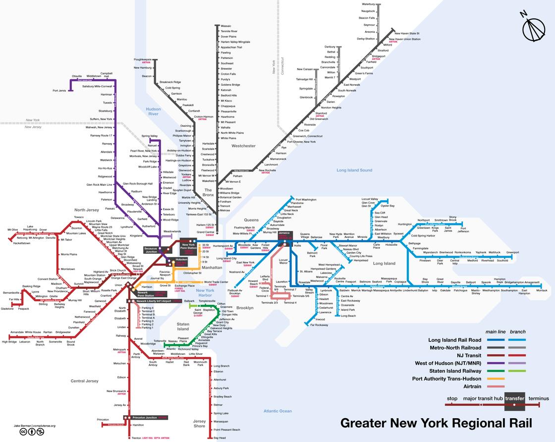 Map of NYC commuter rail: stations & lines