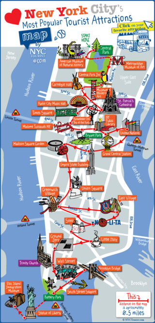 Tourist map of New York City attractions, sightseeing, museums, sites, sights, monuments and landmarks